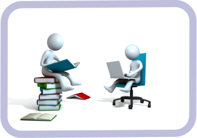 Characters with book and laptop doing distance learning